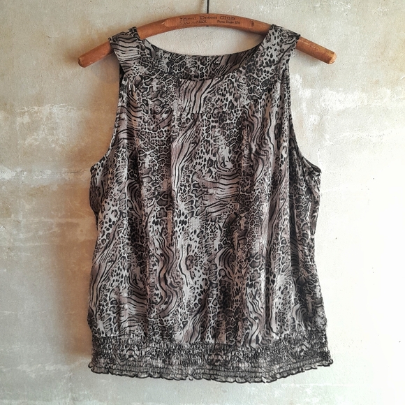 305a. brown vintage First Option leopard print sleeveless blouson y2k top, M - Picture 1 of 8